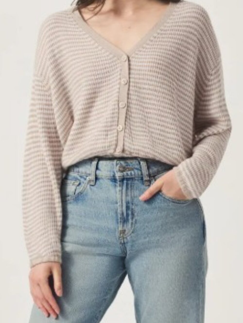 Splendid Fawn Stripe V-Neck Button Front Cropped Cardigan Sweater Size M